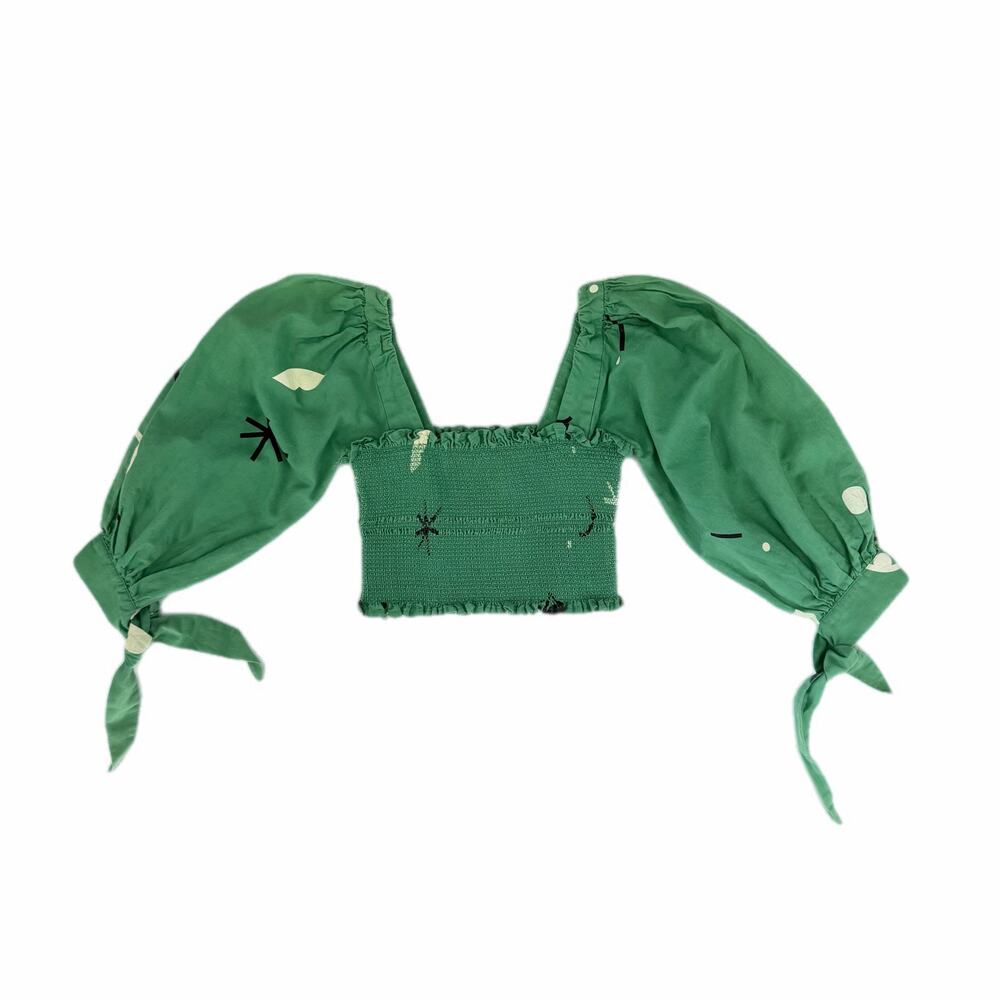 Capulet Gracia Smocked Puffed Sleeve Linen Cotton Green Carnivale Print Crop Top - Picture 7 of 13